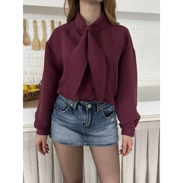 Fular Yaka Detaylı Oversize Gömlek Bordo