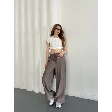 Çilek Kumaş Yüksek Bel Rahat Kalıp Pantolon Kahve