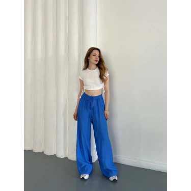 Çilek Kumaş Yüksek Bel Rahat Kalıp Pantolon Mavi