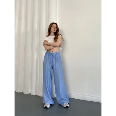 Çilek Kumaş Yüksek Bel Rahat Kalıp Pantolon Turkuaz