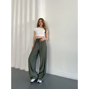 Çilek Kumaş Yüksek Bel Rahat Kalıp Pantolon Yeşil