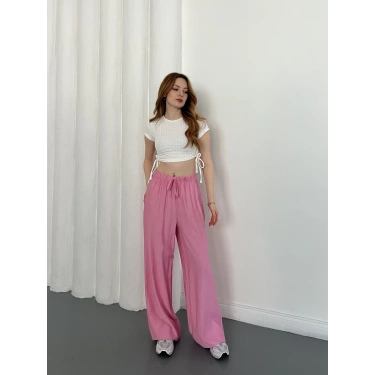 Çilek Kumaş Yüksek Bel Rahat Kalıp Pantolon Pembe