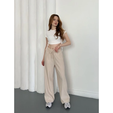 Çilek Kumaş Yüksek Bel Rahat Kalıp Pantolon Bej