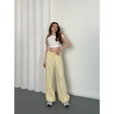 Çilek Kumaş Yüksek Bel Rahat Kalıp Pantolon Sarı