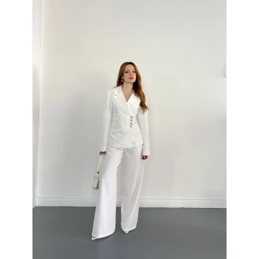 Düğme Detaylı Doublu Kumaş Tasarım Takım Beyaz