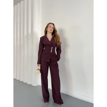 Düğme Detaylı Doublu Kumaş Tasarım Takım Mürdüm