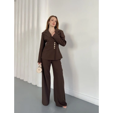 Düğme Detaylı Doublu Kumaş Tasarım Takım Kahve