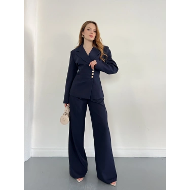 Düğme Detaylı Doublu Kumaş Tasarım Takım Lacivert