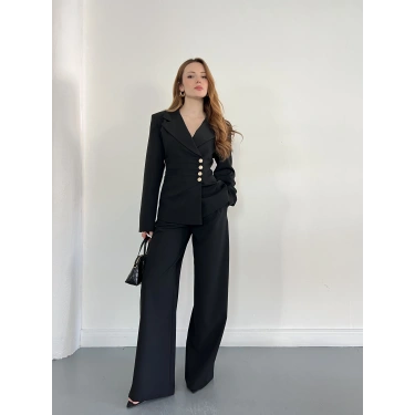 Düğme Detaylı Doublu Kumaş Tasarım Takım Siyah
