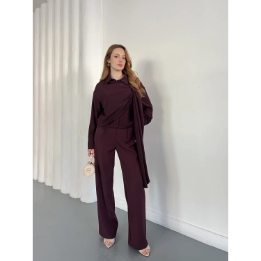 Drapeli Fular Detaylı Modal Kumaş Takım Mürdüm