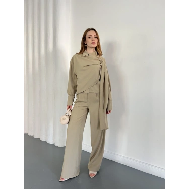 Drapeli Fular Detaylı Modal Kumaş Takım Yeşil