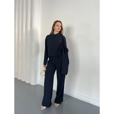 Drapeli Fular Detaylı Modal Kumaş Takım Lacivert