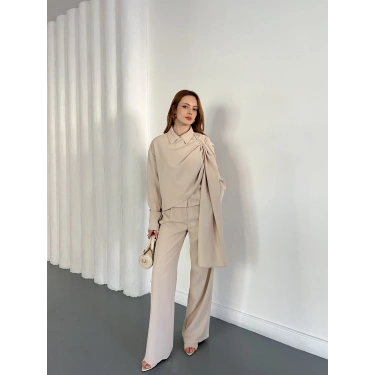 Drapeli Fular Detaylı Modal Kumaş Takım Bej
