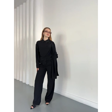 Drapeli Fular Detaylı Modal Kumaş Takım Siyah