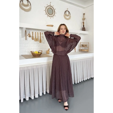 Transparan Puantiyeli Etekli Takım Kahve