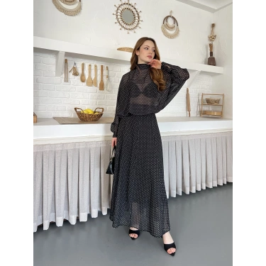 Transparan Puantiyeli Etekli Takım Siyah