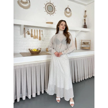 Transparan Puantiyeli Etekli Takım Beyaz