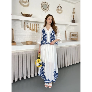 Nakış İşlemeli Keten İçi Astarlı Etekli Takım Beyaz