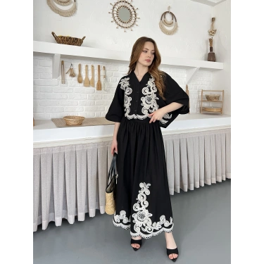 Nakış İşlemeli Keten İçi Astarlı Etekli Takım Siyah
