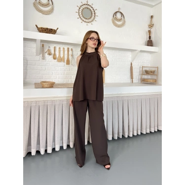 Modern Halter Yaka Tasarım Takım Kahve