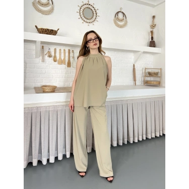 Modern Halter Yaka Tasarım Takım Haki