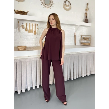 Modern Halter Yaka Tasarım Takım Bordo