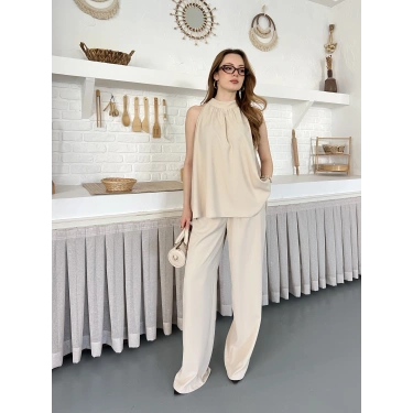 Modern Halter Yaka Tasarım Takım Bej