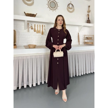 Düğme Detaylı Uzun Zarif Gömlek Elbise Mürdüm