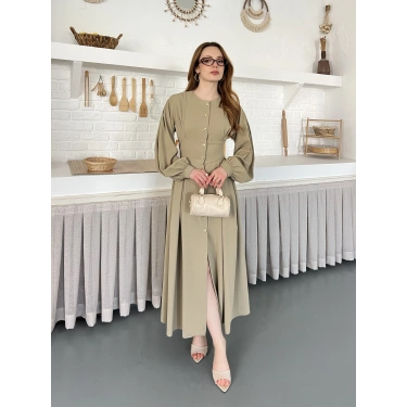 Düğme Detaylı Uzun Zarif Gömlek Elbise Yeşil