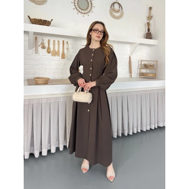 Düğme Detaylı Uzun Zarif Gömlek Elbise Kahve
