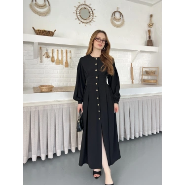 Düğme Detaylı Uzun Zarif Gömlek Elbise Siyah