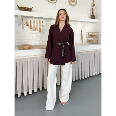 Kruvaze Yaka Bel Kuşaklı Tasarım Bluz Bordo
