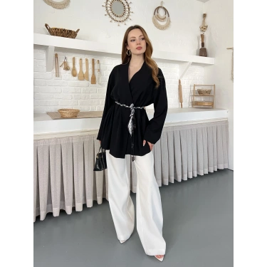 Kruvaze Yaka Bel Kuşaklı Tasarım Bluz Siyah