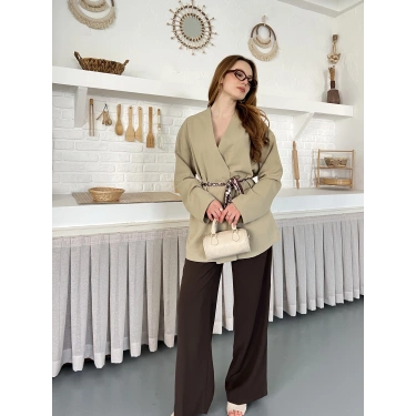 Kruvaze Yaka Bel Kuşaklı Tasarım Bluz Haki