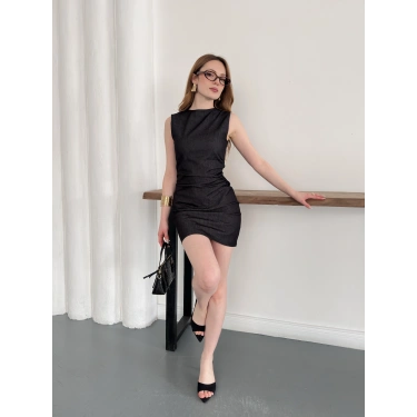 Yan Büzgü Detay Kısa Denim Elbise Antrasit