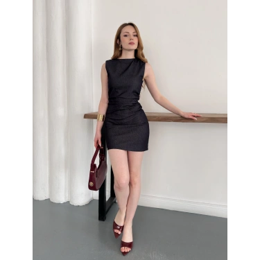 Yan Büzgü Detay Kısa Denim Elbise Lacivert