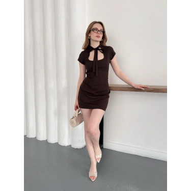 Puantiyeli Yaka Detaylı Mini Elbise Kahve