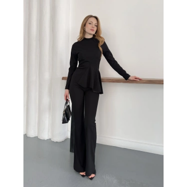 Yan Pileli İki Pantolonlu Takım Siyah