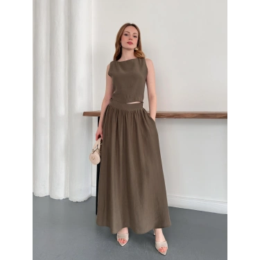 Krep Kumaş İkili Eteklı Takım Haki