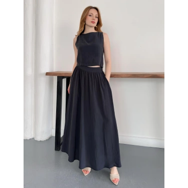 Krep Kumaş İkili Eteklı Takım Siyah