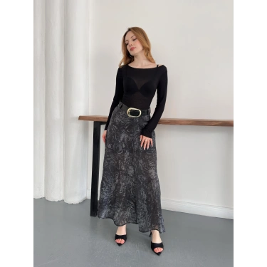 İçi Astarlı Desenli Kemer Detaylı Etek Siyah