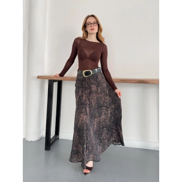 İçi Astarlı Desenli Kemer Detaylı Etek Kahve