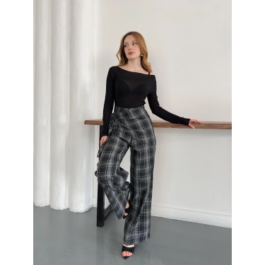 Ekose Yüksek Bel Fularlı Pantolon Siyah