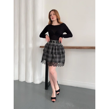 Ekose Dantel Detaylı Kemerli Etek Siyah