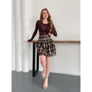 Ekose Dantel Detaylı Kemerli Etek Kahve