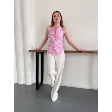 Kazayağı Desenli Sıfır Kol Bluz Pembe