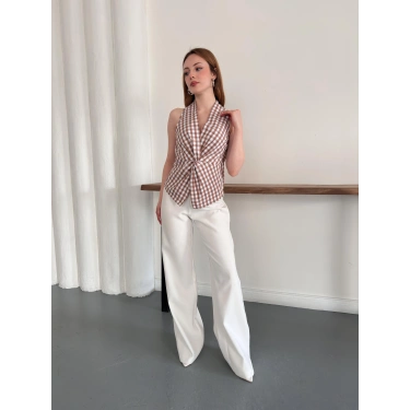 Kazayağı Desenli Sıfır Kol Bluz Kahve