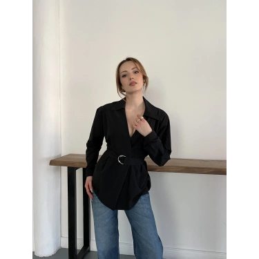 Kemer Detaylı Poplin Gömlek Siyah