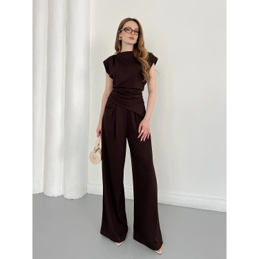 Omuz Vatkalı Asimetrik Kesim Takım Kahve