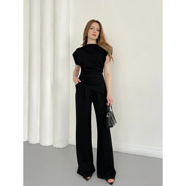 Omuz Vatkalı Asimetrik Kesim Takım Siyah